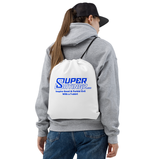 SUPER SAYINGZ.com DECAL & BLUE TAG 15x17 Drawstring bag