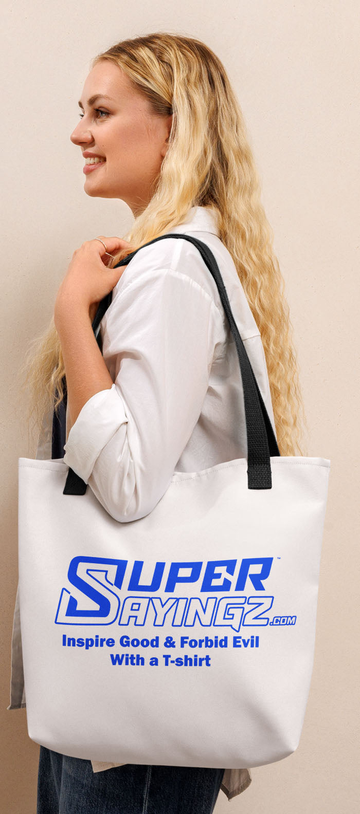 SUPER SAYINGZ.com DECALE & BLUE TAG 15x15 Tote bag