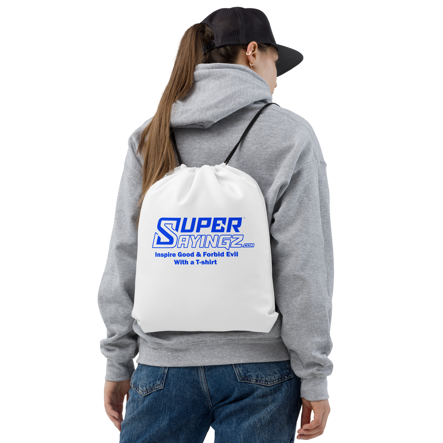 SUPER SAYINGZ.com DECAL & BLUE TAG 15x17 Drawstring bag