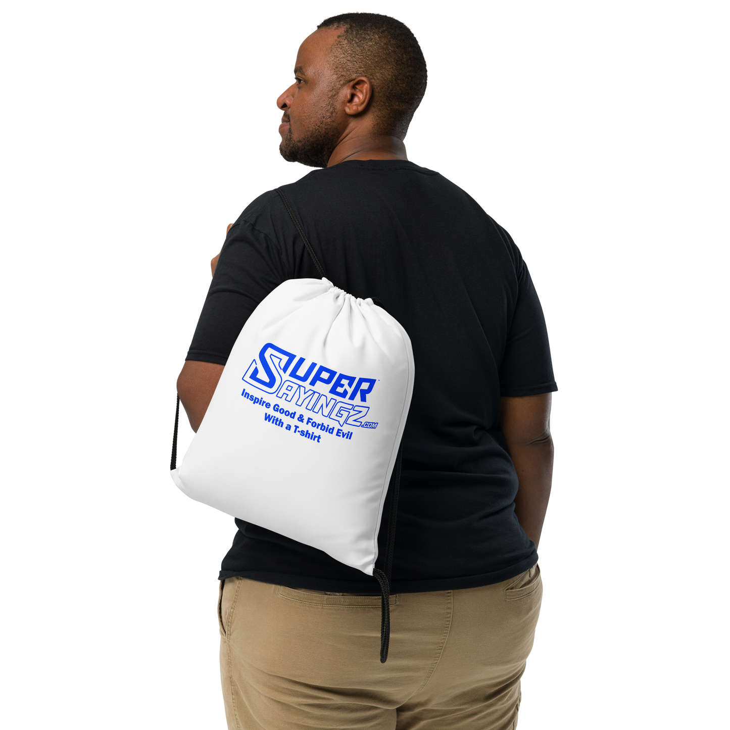 SUPER SAYINGZ.com DECAL & BLUE TAG 15x17 Drawstring bag