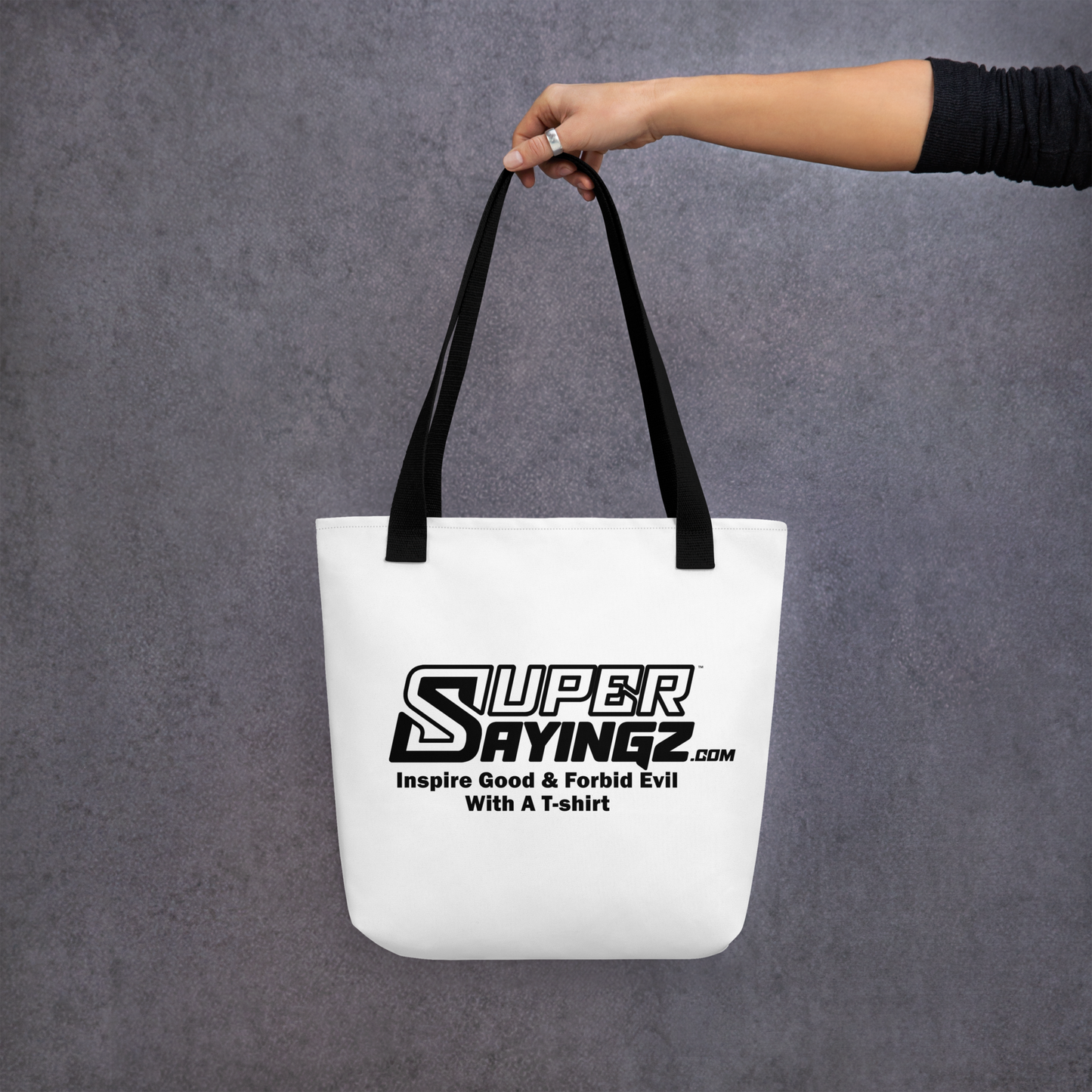 SUPER SAYINGZ.com BLACK FONT DECAL & TAG Tote bag