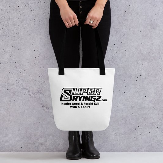 SUPER SAYINGZ.com BLACK FONT DECAL & TAG Tote bag